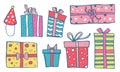 Set of stylized different color gift boxes. Hand drawn cartoon vector sketch doodle illustration Royalty Free Stock Photo